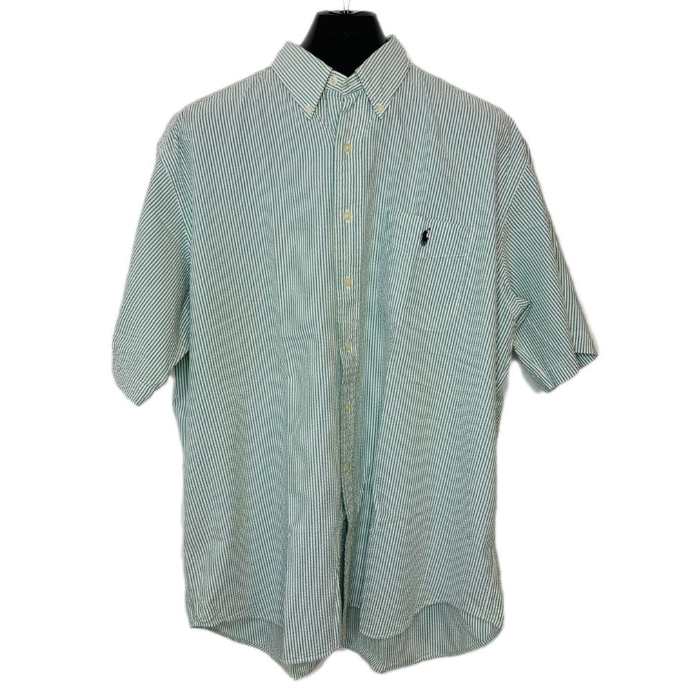 RALPH LAUREN GOLF Short Sleeve Tilden Cotton Shirt Striped Collared Green White